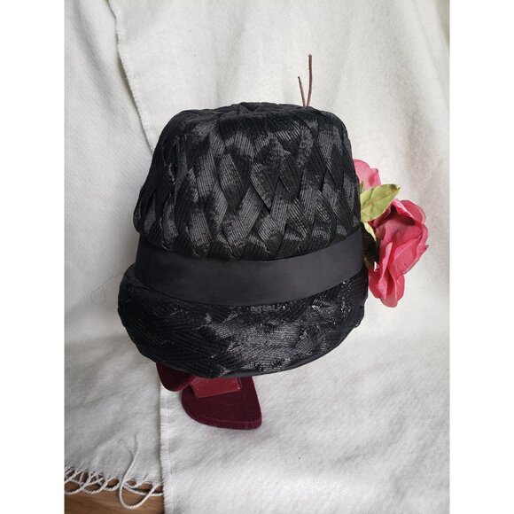 Black Vintage Cloche Hat with Large Pink Roses Woven Raffia - Picture 2 of 10
